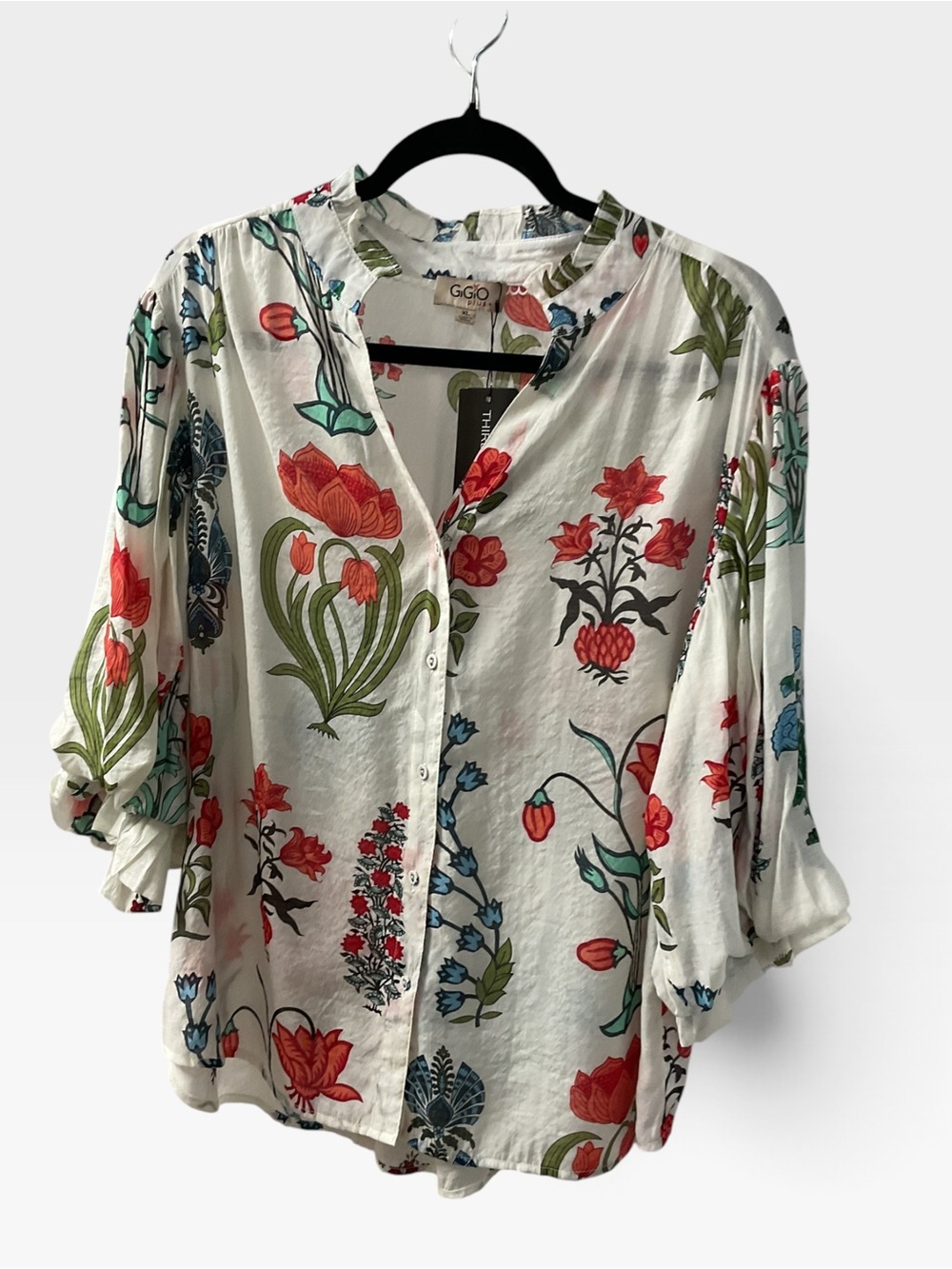 Gigio Floral Button-Front White Blouse with Red & Green Print